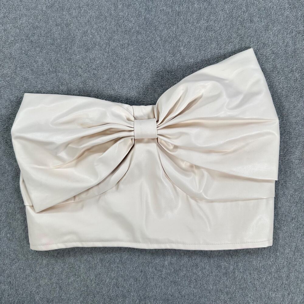 Day + Moon Bow Tube Top Size Large Cream Faux Leather Cropped Smocked Strapless